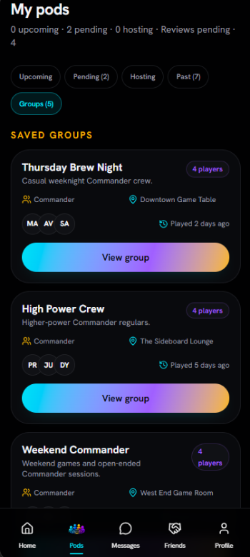 LFP Saved Groups showing Commander crews you've played with