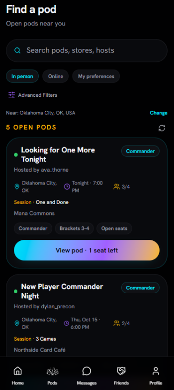 LFP Find a Pod screen listing open Commander pods near Oklahoma City