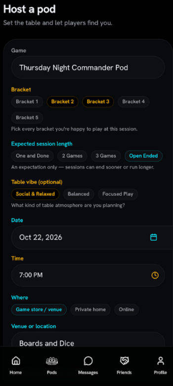 LFP Host a Pod form with bracket, session length, table vibe and venue